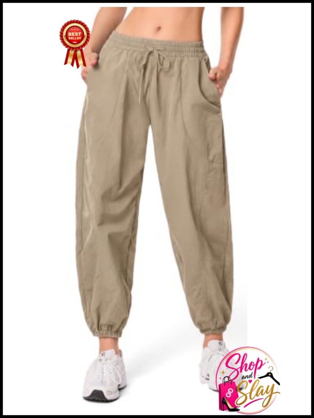 Lightweight Woven Nylon Jogger Hiking Pants Pockets Pull On